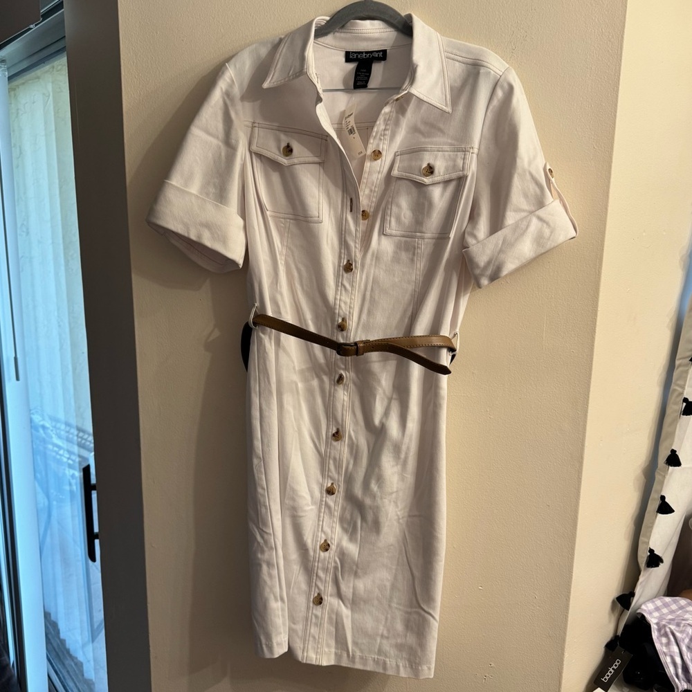 Lane Bryant Plus Cream Utility Cargo Short Sleeve Button Down Belted Dress NWT